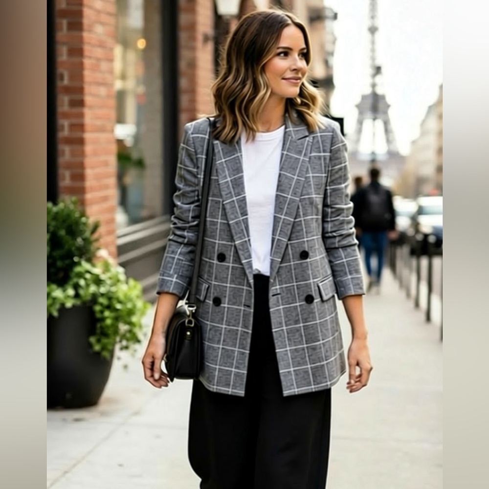 CLAUDIE PIERLOT PARIS GREY/WHITE ‎ LINEN BLEND PLAID DOUBLE-BREASTED BLAZER EUC